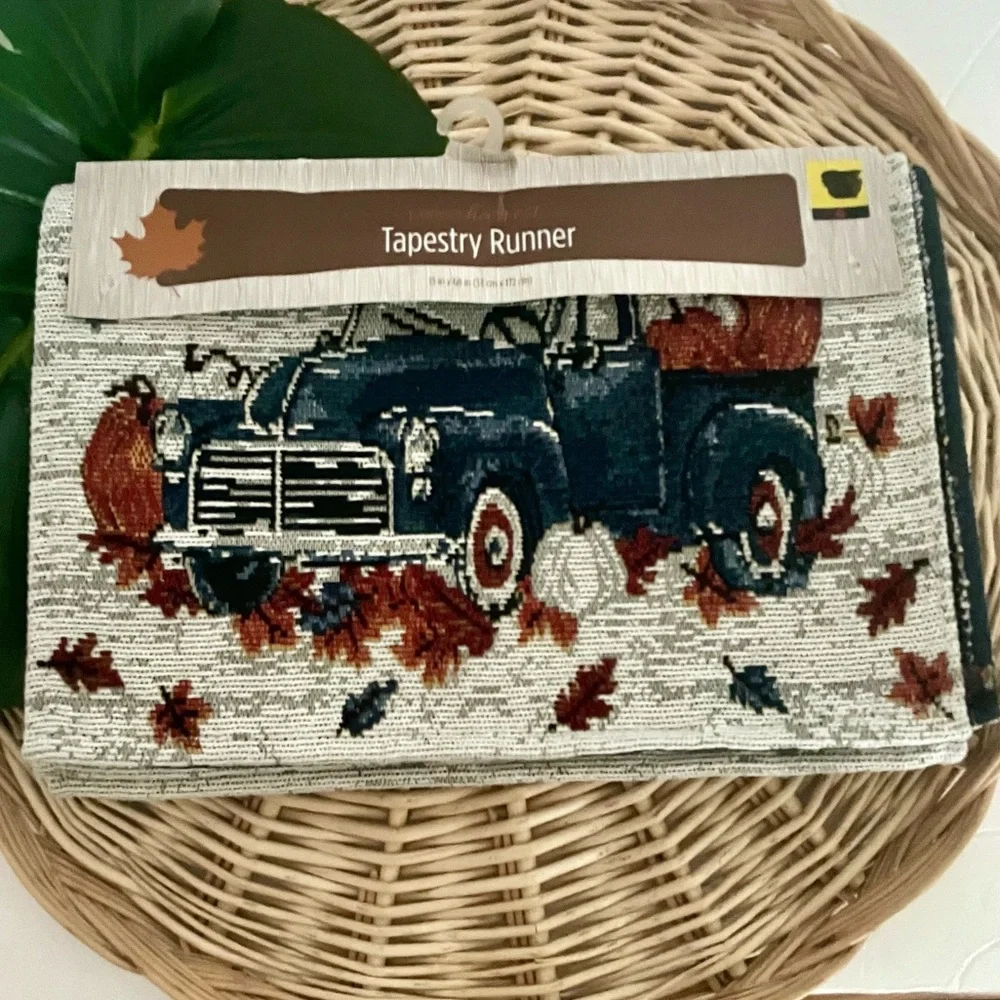 Fall Perfect Harvest Blue Truck Tapestry Table Runner Autumn Leaves NWT